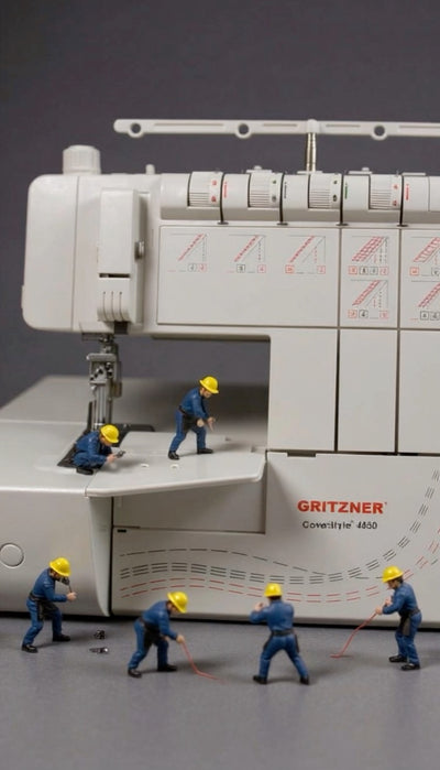 Fünf Miniatur-Bauarbeiterfiguren sind auf und um ein GRITZNER-Shop Wartung / Reparatur Gritzner CoverStyle 4850 Coverlock herum angeordnet und erwecken den Anschein, als würden sie professionelle Wartungsarbeiten auf einer geschäftigen Baustelle durchführen.