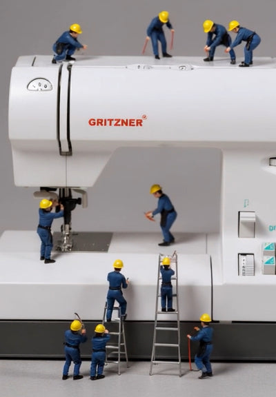 Miniatur-Bauarbeiter in blauen Uniformen und gelben Helmen arbeiten um eine große weiße GRITZNER-Nähmaschine herum, als ob sie Wartung / Reparatur Gritzner Tipmatic (1019/1035/1037/6122/6152) aus dem GRITZNER-Shop durchführen würden, wobei sie Leitern und Werkzeuge benutzen.