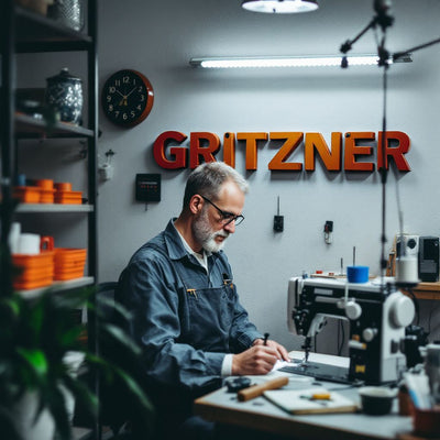 Ein Mann mit grauem Haar und Brille arbeitet an einem Schreibtisch mit einer Nähmaschine in einer Werkstatt. Hinter ihm hebt "GRITZNER" sein Fachwissen über Wartung / Reparatur Gritzner 788 Overlock für GRITZNER-Shop hervor; links stehen Regale mit orangefarbenen Artikeln.