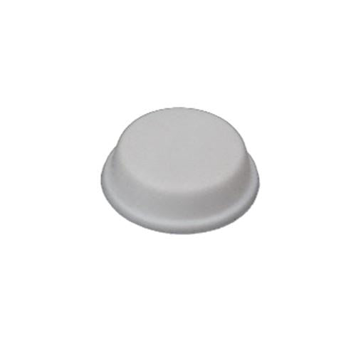 Eine weiße, runde, flache, auf den Kopf gestellte Kunststoffschale auf weißem Grund, die der glatten Oberfläche des GRITZNER-Shop Gummifuß für Gritzner Tipmatic ähnelt.