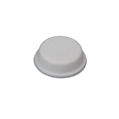 Eine weiße, runde, flache, auf den Kopf gestellte Kunststoffschale auf weißem Grund, die der glatten Oberfläche des GRITZNER-Shop Gummifuß für Gritzner Tipmatic ähnelt.