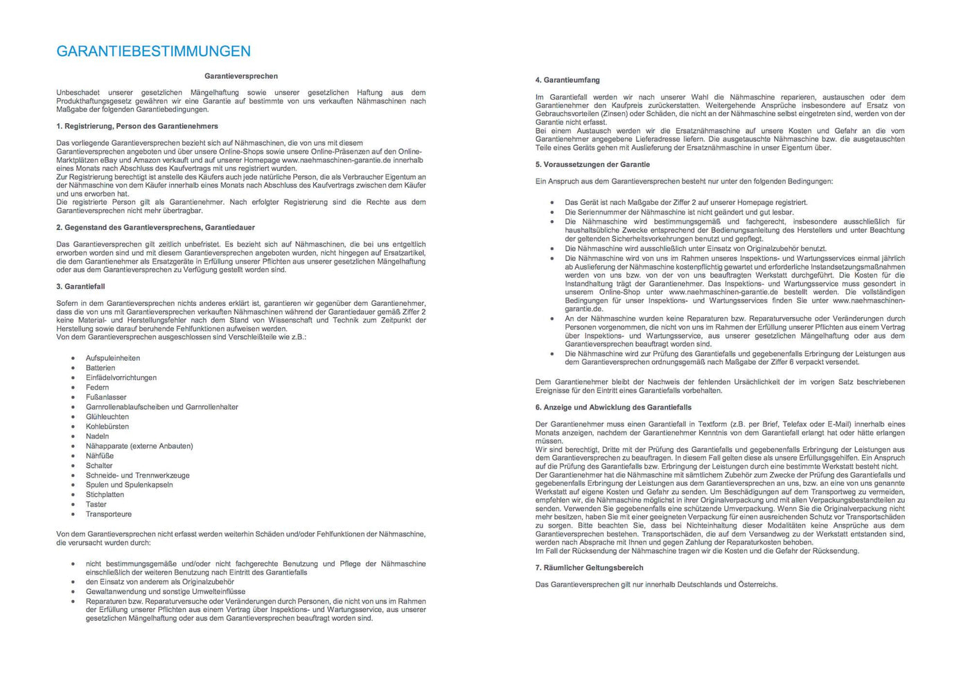 Ein deutsches Dokument mit dem Titel GARANTIEBESTIMMUNGEN beschreibt die Garantie für den GRITZNER-Shop DORINA 323 Nähmaschine, mit nummerierten Abschnitten in zwei Spalten, die Deckung, Ausschlüsse und Verfahren behandeln.
