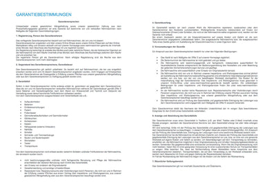 Ein deutsches Dokument mit dem Titel GARANTIEBESTIMMUNGEN beschreibt die Garantie für den GRITZNER-Shop DORINA 323 Nähmaschine, mit nummerierten Abschnitten in zwei Spalten, die Deckung, Ausschlüsse und Verfahren behandeln.