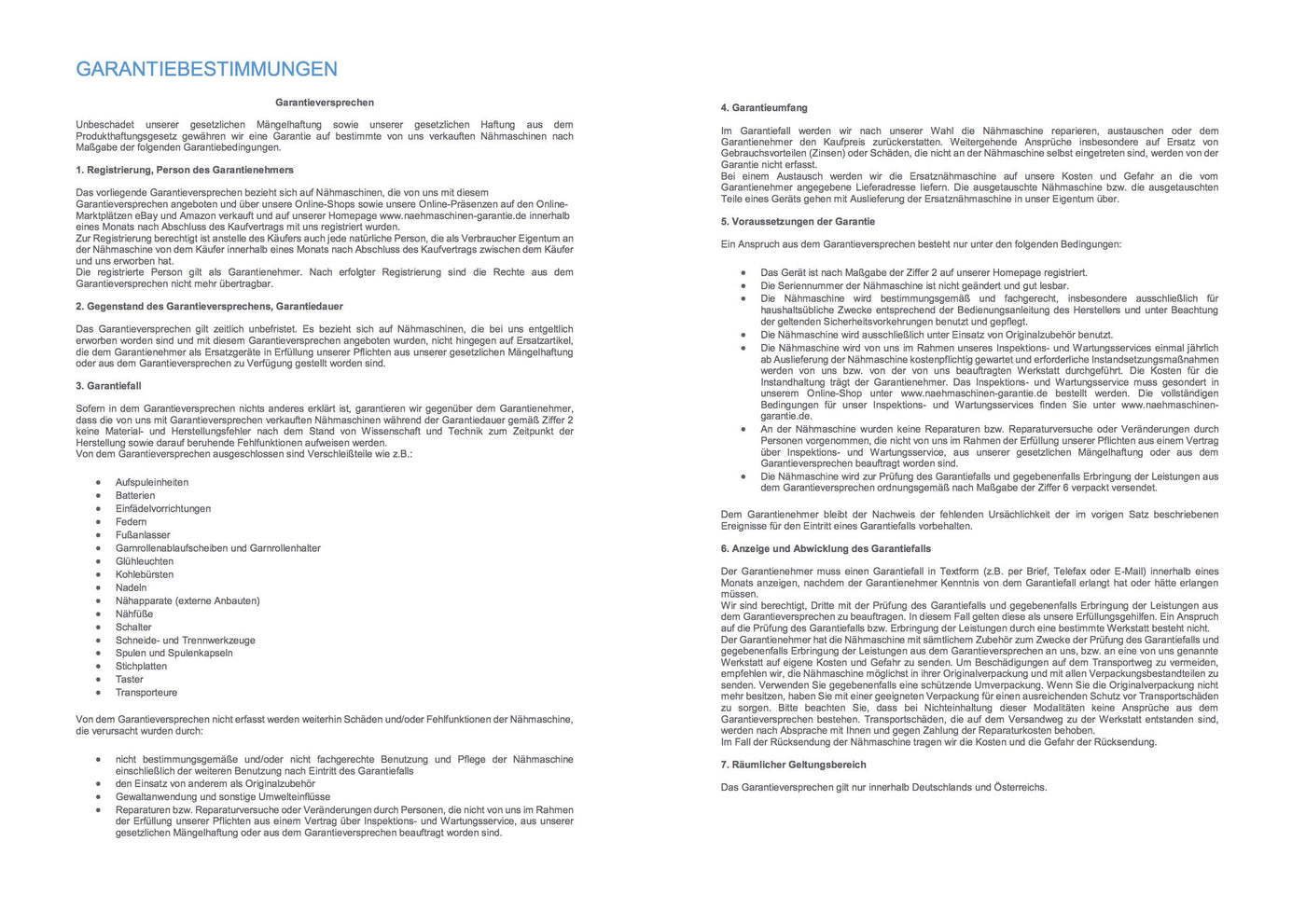 Deutsches Dokument mit dem Titel "GARANTIEBESTIMMUNGEN" mit detaillierten Garantiebedingungen für den GRITZNER-Shop DORINA 333 Nähmaschine, die Umfang, Zeitraum, Ablauf, Ausschlüsse und Hinweise in zwei Spalten enthalten.