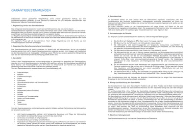 Deutsches Dokument mit dem Titel "GARANTIEBESTIMMUNGEN" mit detaillierten Garantiebedingungen für den GRITZNER-Shop DORINA 333 Nähmaschine, die Umfang, Zeitraum, Ablauf, Ausschlüsse und Hinweise in zwei Spalten enthalten.