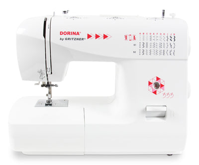 Eine weiße DORINA 333 Nähmaschine von GRITZNER-Shop mit 33 Nutz- und Zierstichen, verschiedenen Stichmustern und einem roten geometrischen Frontdesign. Auf der linken Seite sind Nadel und Nähfuß zu sehen.