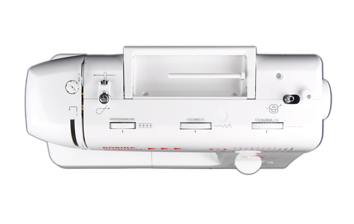 Draufsicht auf die GRITZNER-Shop DORINA 323 Nähmaschine mit mehreren Dreh- und Schiebereglern, Stichmusteranzeige und partiellem DORINA Branding auf der Vorderseite.