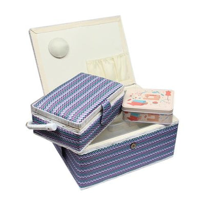 Das GRITZNER-Shop Nähkorb-Set in Weiß, Lila, Blau und Schwarz besteht aus einem großen und einem mittleren Korb sowie einer Accessoires-Box mit Zubehör, allesamt mit farbenfrohen Motiven und einem hellen Innenfutter.