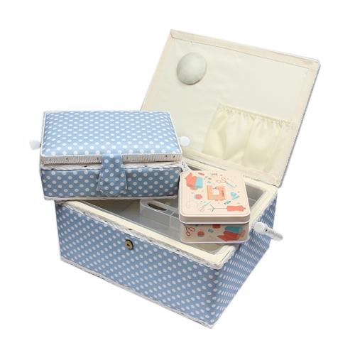 Nähkorb-Set blau, weiss gepunktet  (1x groß und 1x mittel) und Accessoires Box (mit Zubehör)